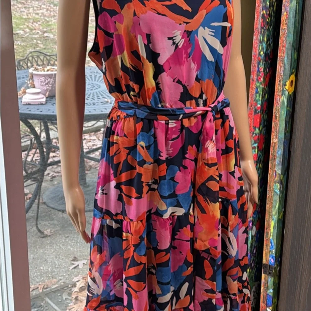 Nine West Floral Sleeveless Dress - Multicolor, Flounce Skirt, Large - Picture 3 of 10